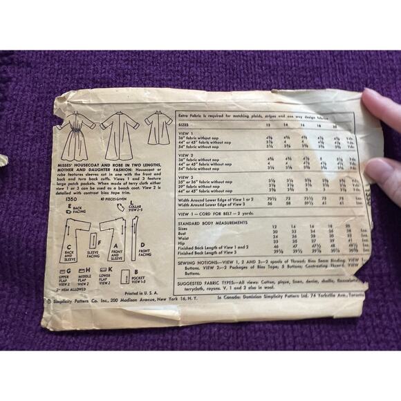 Simplicity 1350 Pattern house coat robe 1950s sz 14 bust 32 - Picture 2 of 4